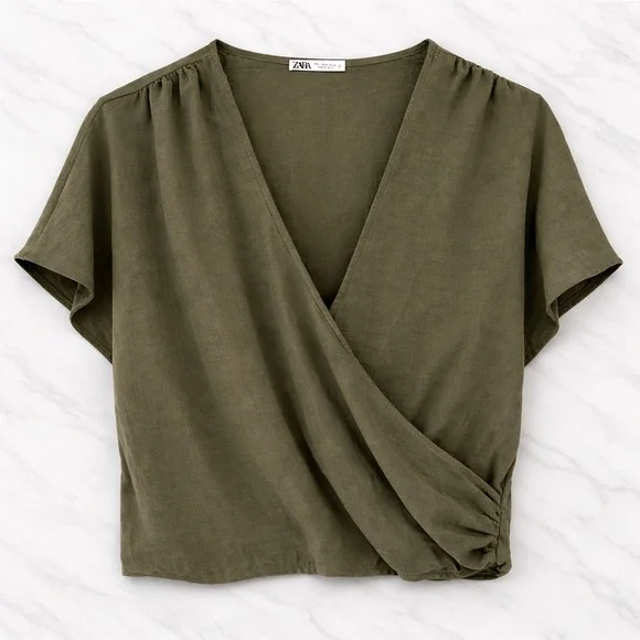 ZARA Olive Green Draped Wrap Top NWT Size Large - Picture 2 of 11